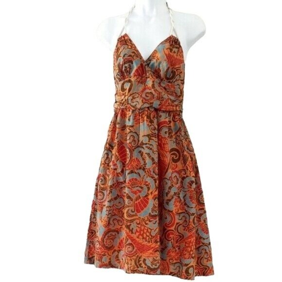 Moulinette Soeurs Island Holiday Dress Orange Size 2 V Neck Halter Anthropologie - Picture 1 of 7
